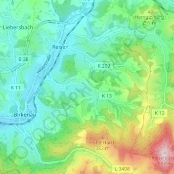 Mapa topográfico Hornbach, altitud, relieve