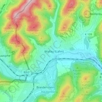 Mapa topográfico Wallau (Lahn), altitud, relieve