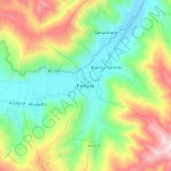 Mapa topográfico Pampas, altitud, relieve