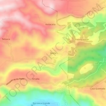 Mapa topográfico Xixitla, altitud, relieve