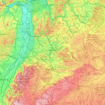 Mapa topográfico Neckarbecken, altitud, relieve