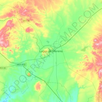 Mapa topográfico Lagos de Moreno, altitud, relieve