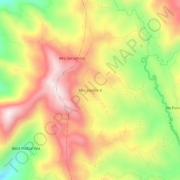 Mapa topográfico Alto Sanibeni, altitud, relieve