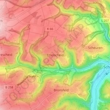Mapa topográfico Ettelscheid, altitud, relieve