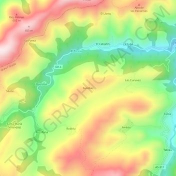 Mapa topográfico Sorribas, altitud, relieve