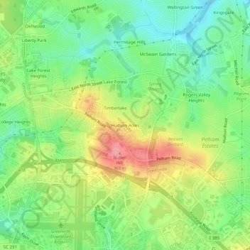 Mapa topográfico Hudson Acres, altitud, relieve