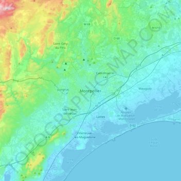 Mapa topográfico Montpellier, altitud, relieve