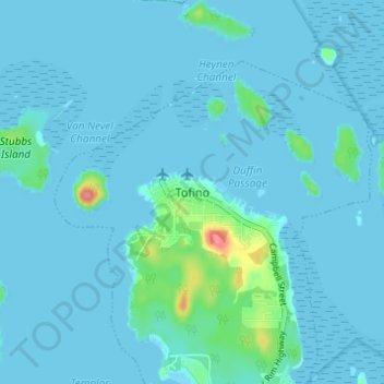 Mapa topográfico Tofino, altitud, relieve