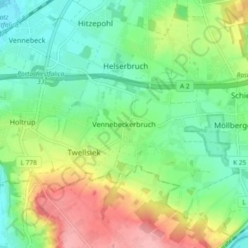 Mapa topográfico Vennebeckerbruch, altitud, relieve
