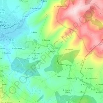 Mapa topográfico O Paraño, altitud, relieve