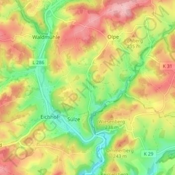 Mapa topográfico Selbach, altitud, relieve
