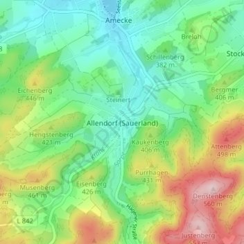 Mapa topográfico Allendorf (Sauerland), altitud, relieve