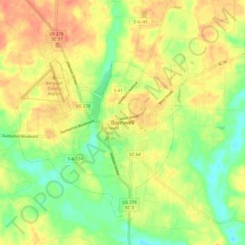 Mapa topográfico Barnwell, altitud, relieve