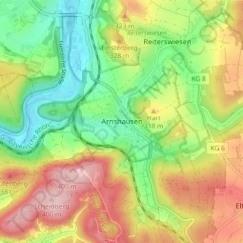 Mapa topográfico Arnshausen, altitud, relieve