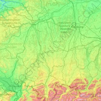 Mapa topográfico Unterallgäu, altitud, relieve