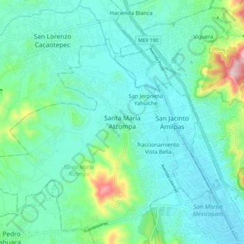Mapa topográfico Santa María Atzompa, altitud, relieve