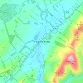 Mapa topográfico Romanno Bridge, altitud, relieve