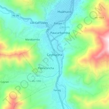 Mapa topográfico Cayhuayna, altitud, relieve