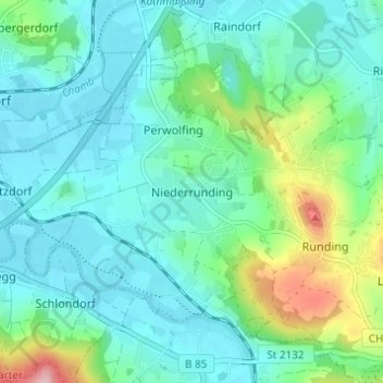 Mapa topográfico Niederrunding, altitud, relieve