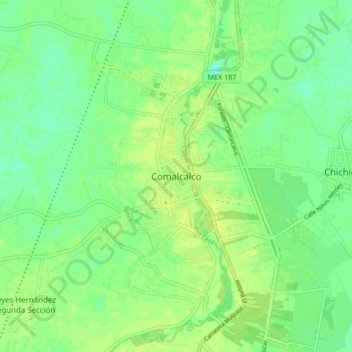 Mapa topográfico Comalcalco, altitud, relieve