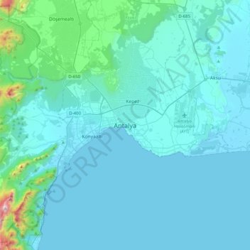 Mapa topográfico Antalya, altitud, relieve