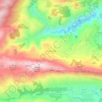 Mapa topográfico Benimaurell, altitud, relieve