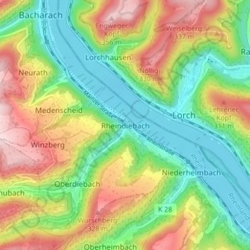 Mapa topográfico Rheindiebach, altitud, relieve