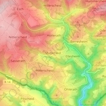 Mapa topográfico Mutscheid, altitud, relieve