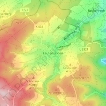 Mapa topográfico Laufenselden, altitud, relieve
