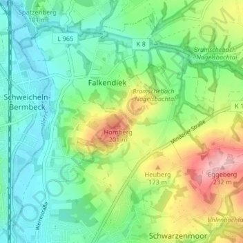 Mapa topográfico Homberg, altitud, relieve