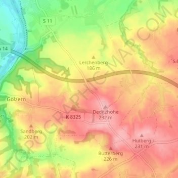 Mapa topográfico Deditz, altitud, relieve