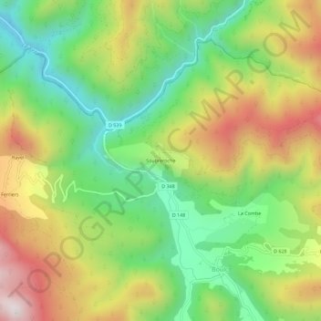 Mapa topográfico Soubreroche, altitud, relieve