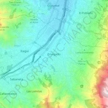 Mapa topográfico Envigado, altitud, relieve