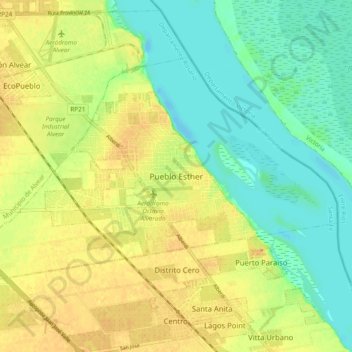 Mapa topográfico Pueblo Esther, altitud, relieve