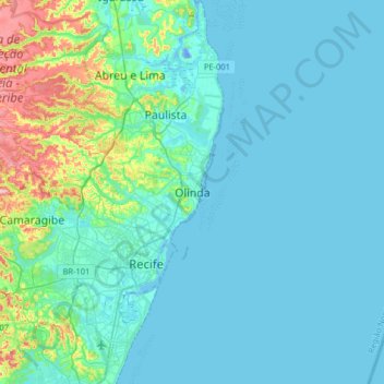 Mapa topográfico Olinda, altitud, relieve