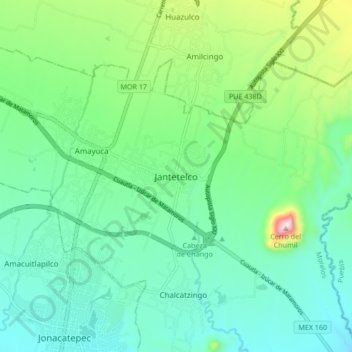 Mapa topográfico Jantetelco, altitud, relieve