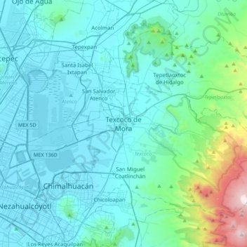 Mapa topográfico Texcoco de Mora, altitud, relieve