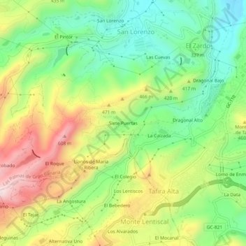Mapa topográfico Siete Puertas, altitud, relieve