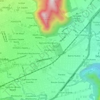 Mapa topográfico Electricistas, altitud, relieve