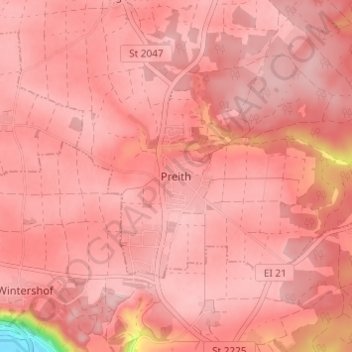 Mapa topográfico Preith, altitud, relieve