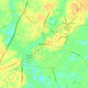 Mapa topográfico Walterboro, altitud, relieve