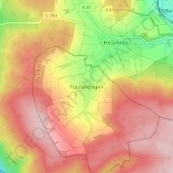 Mapa topográfico Fürstenhagen, altitud, relieve