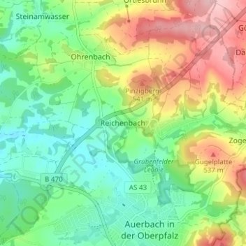 Mapa topográfico Reichenbach, altitud, relieve