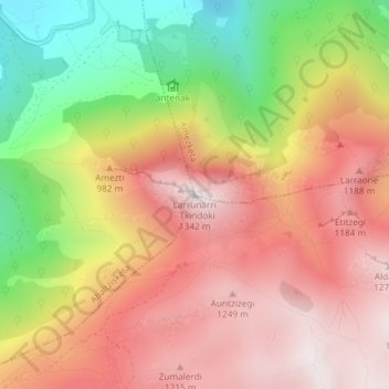 Mapa topográfico Larrunarri - Txindoki, altitud, relieve