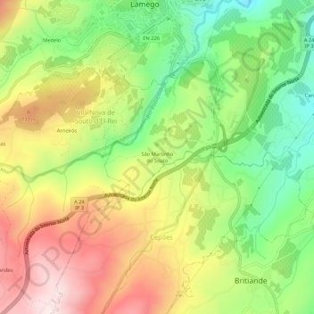 Mapa topográfico São Martinho do Souto, altitud, relieve