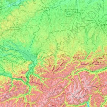 Mapa topográfico Allgäu, altitud, relieve