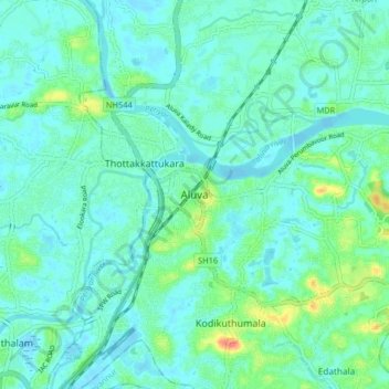 Mapa topográfico Aluva, altitud, relieve