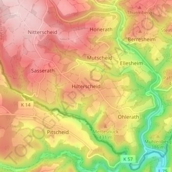 Mapa topográfico Hilterscheid, altitud, relieve