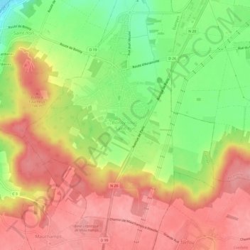 Mapa topográfico Boissy-sous-Saint-Yon, altitud, relieve