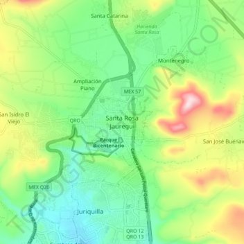 Mapa topográfico Santa Rosa Jauregui, altitud, relieve